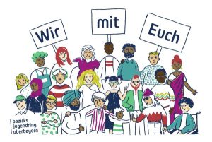 Illustration mit Menschen vieler unterschiedlicher Nationen, Geschlechter, Hautfarben, körperlichen Gegebenheiten, etc. die ein Schild hoch heben mit dem Titel: Wir mit euch