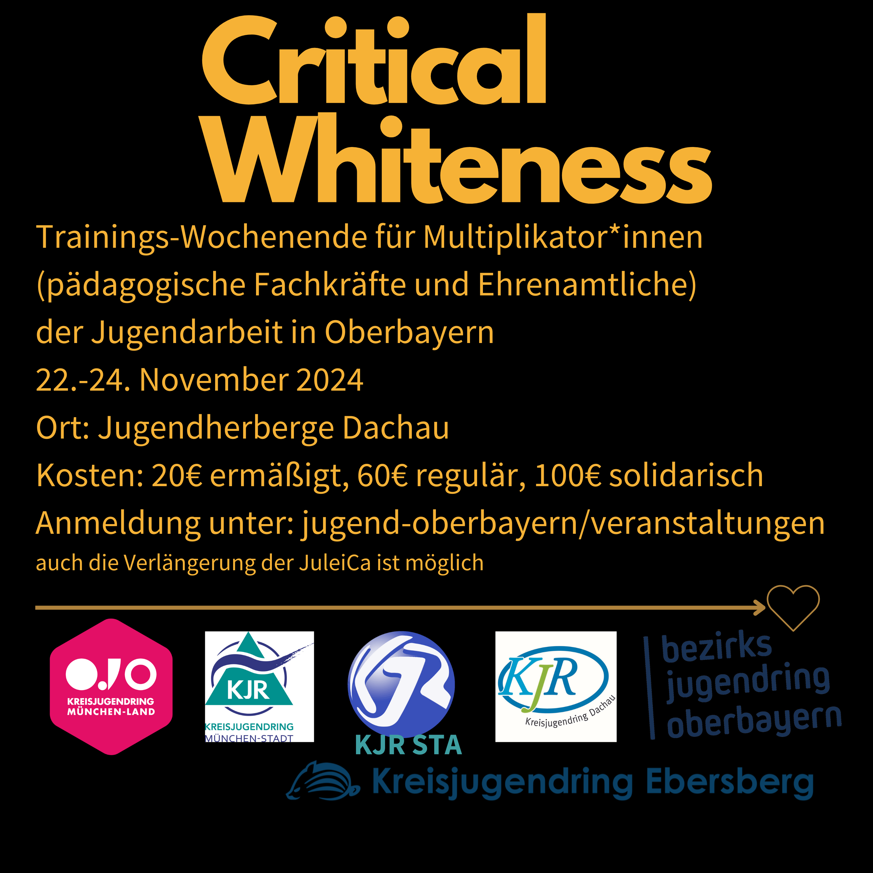 Auf dem Sharepic ist der Titel "Critical Whiteness" sowie ein paar Stichpunkte zur Anmeldung zu lesen. Man kann die 6 Logos der Kooperationspartner sehen.