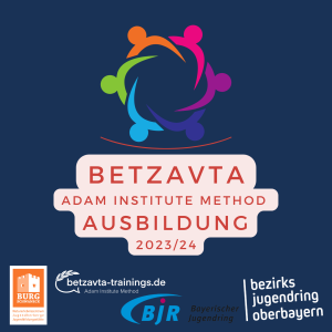 Das Bild zeigt ein Logo, auf dem bunte Figuren einen Kreis bilden, darunter steht Betzavta, Adam Institute Method, Ausbildung 2023/24