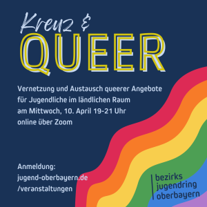 Auf dem Bild sieht man ein Sharepic mit Regenbogen und dem Titel Kreuz und Queer