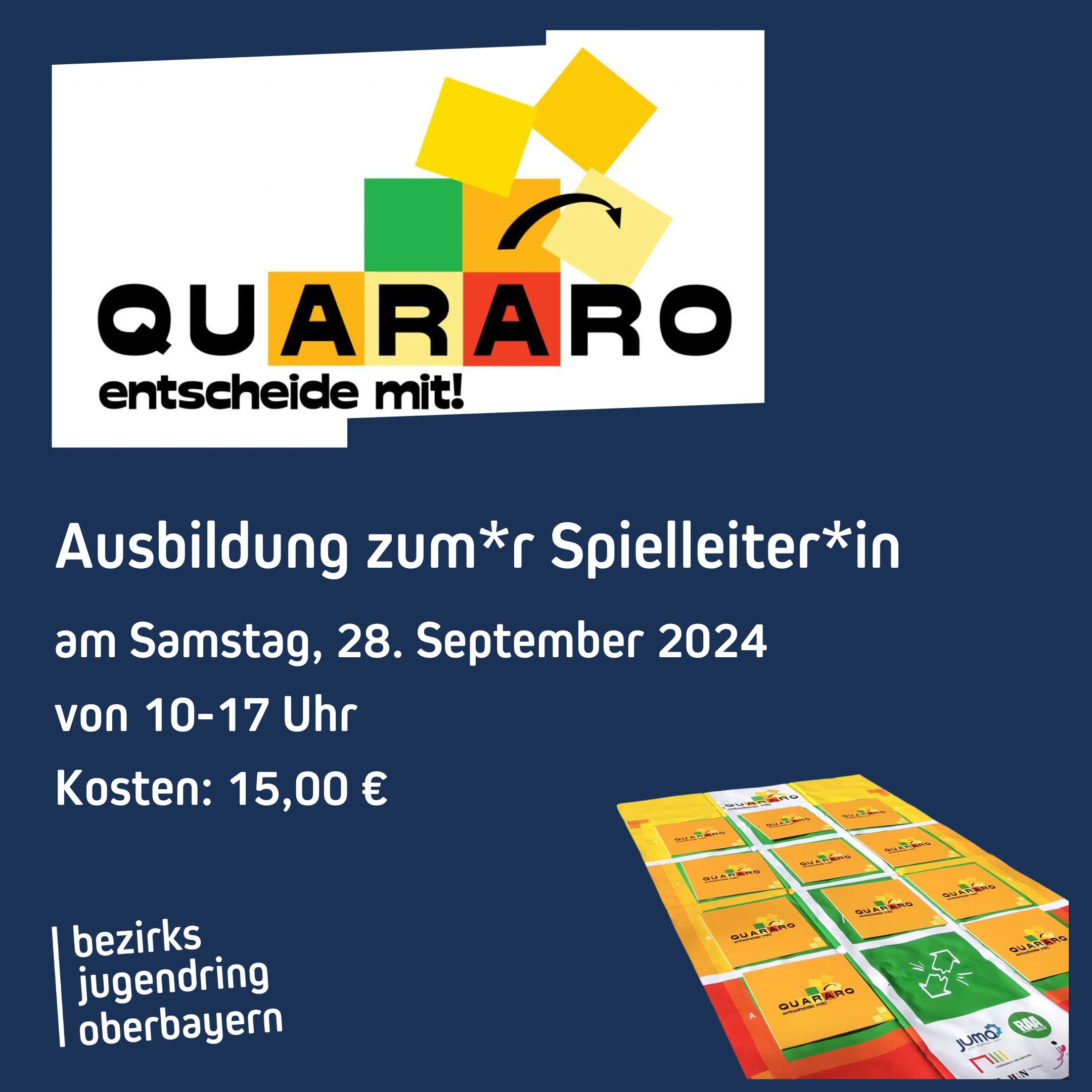 Auf dem Bild siehst du den Schriftzug Quararo, sowie den Text: Ausbildung zum*r Spielleiter*in am Samstag, 28. September 2024 von 10-17 Uhr, Kosten 15,00€